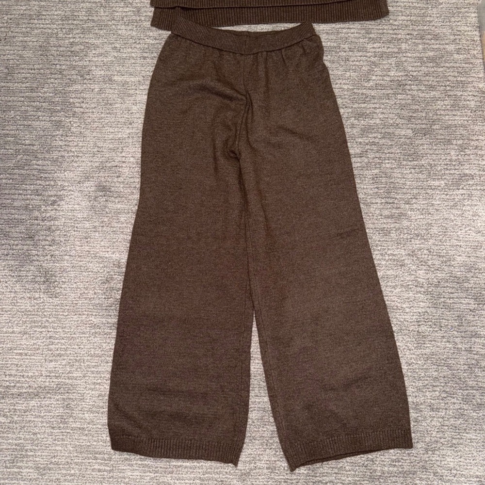 cOMMENSE Oversized Knit Two Piece Set Turtleneck Wide Leg Pants Brown Loungewear - Picture 11 of 12